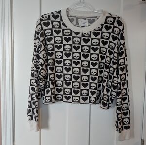 American Eagle Outfitters Black and White Skull Heart Cosy Lounge Top